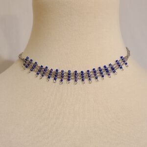 Elegant Blue Beaded Silver-tone Chain Link Choker Necklace